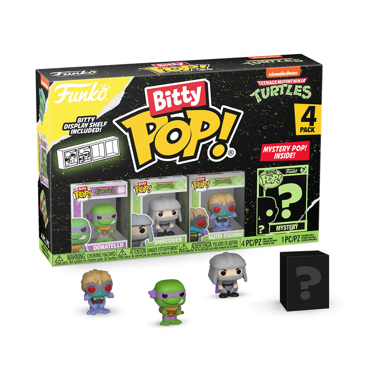 Funko Bitty POP! Teenage Mutant Ninja Turtles - Donatello,Shredder,Baxter Stockman and A Surprise Mystery Mini Figure - 0.9 Inch (2.2 Cm) - TMNT Collectable - Stackable Display Shelf Included