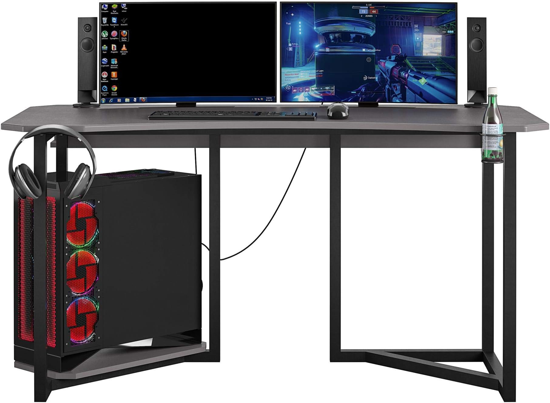 NTENSE Quest, Ergonomic, Home Office, Work Table, Computer, Gaming Room, Sitting Desk, Cup Holder, Headphone Hook, CPU Stand, Gray