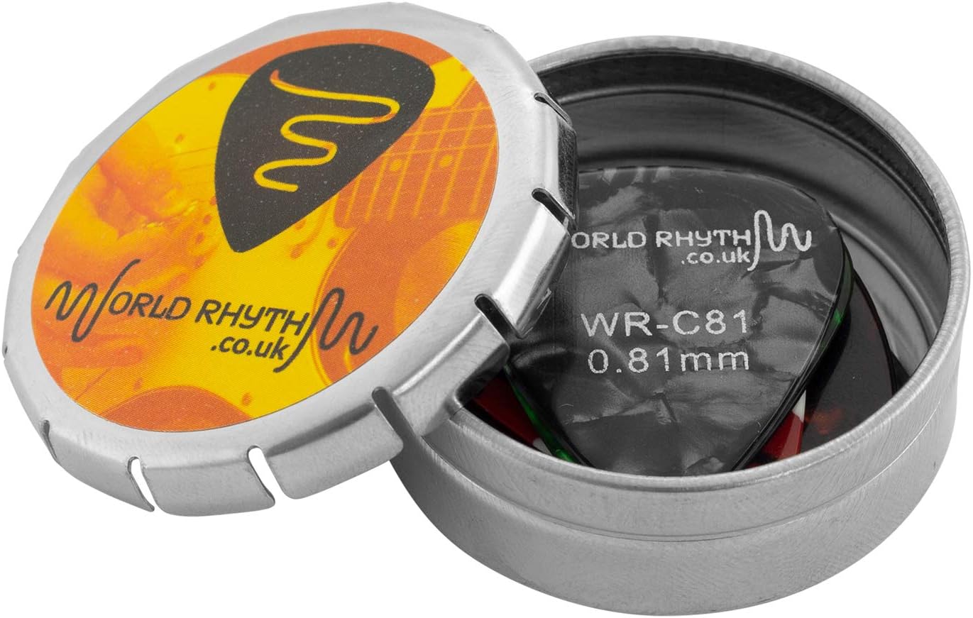 World Rhythm WR-C81 Guitar Picks with Storage Tin - 12 0.81mm Celluloid Guitar Plectrums, Assorted, 0.81 mm - Image 3