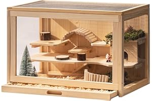 Mewoo Wooden Hamster Cage for Dwarf Hamsters Large Acrylic Hamster Cage and Habitats with Hideout & Shelf & Ladder, Small Animal Cage for Guinea Pig Rat Mouse Gerbil (23.6" L x 15.7" W x 15.7" H)