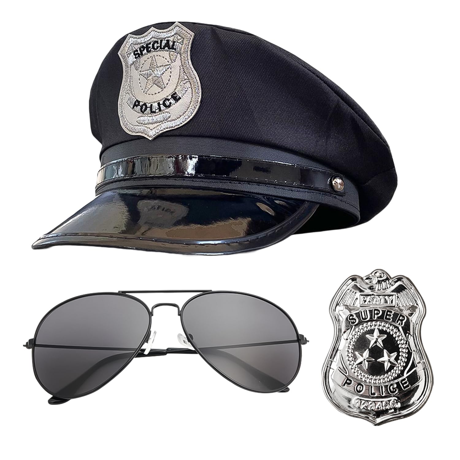 Bohue 3 Pieces Police Fancy Dress Set Police Hat Sunglasses Badge Police Officer Costume Accessories Halloween Fancy Dress for Men Women
