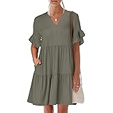ANRABESS Womens Summer 2026 Trendy Ruffle Short Sleeve V Neck A Line Tiered Flowy Loose Casual Mini Beach Dress with Pockets
