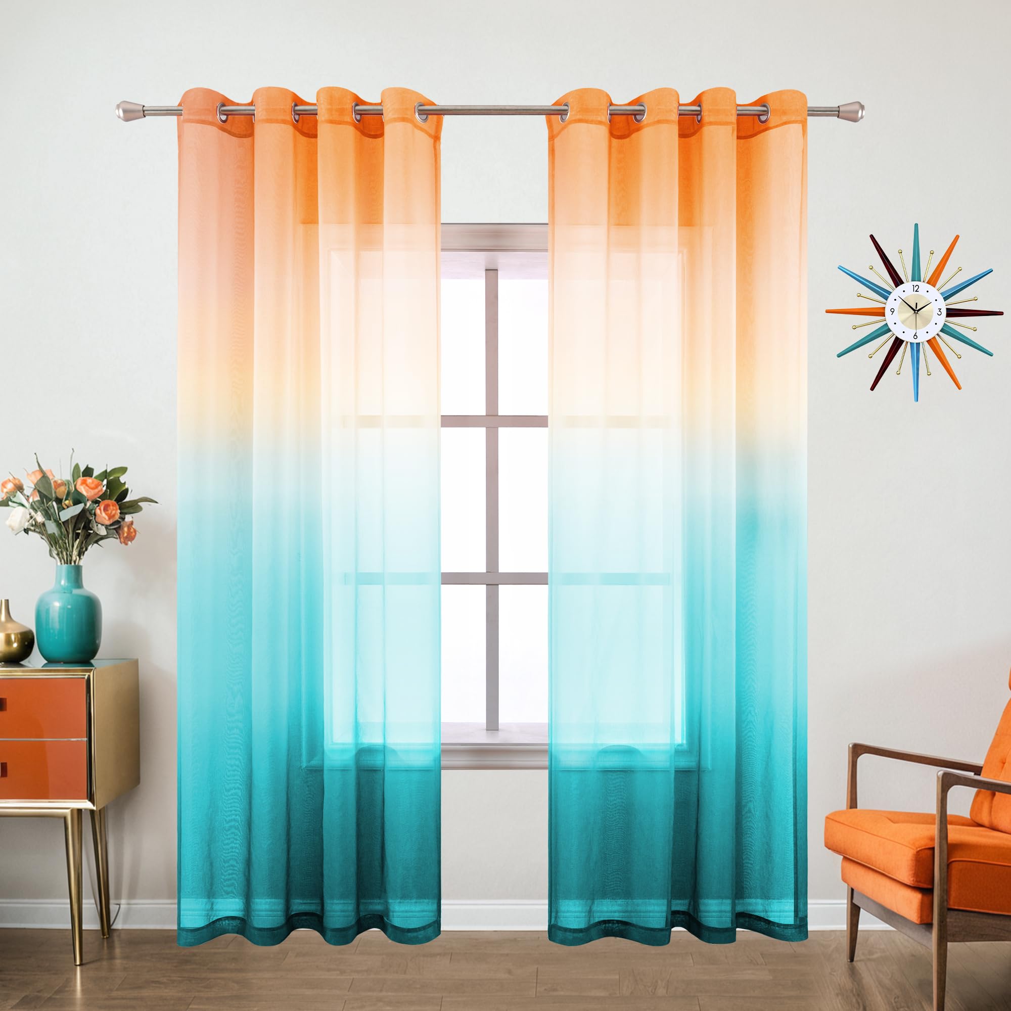 KOUFALL Mid Modern Century Curtains for Summer Living Room 84 Inches Long,Unique Sheer Boho Colorful Curtains for Bedroom 2 Panels 84 Inch Length,Orange and Turquoise Teal