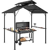 Outsunny 8' x 5' Hardtop Grill Gazebo Double Metal Roof, 2 Side Shelves | BBQ Gazebo, 10 Hooks, Grill Canopy, Patio Backyard Lawn Deck