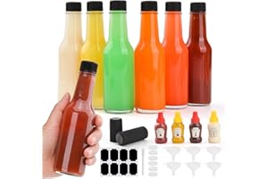 6 pcs 5 oz Glass Hot Sauce Bottle with Leak Proof Screw Caps, Condiment Bottles with Heat-Shrink Capsules Lids, Small Clear W
