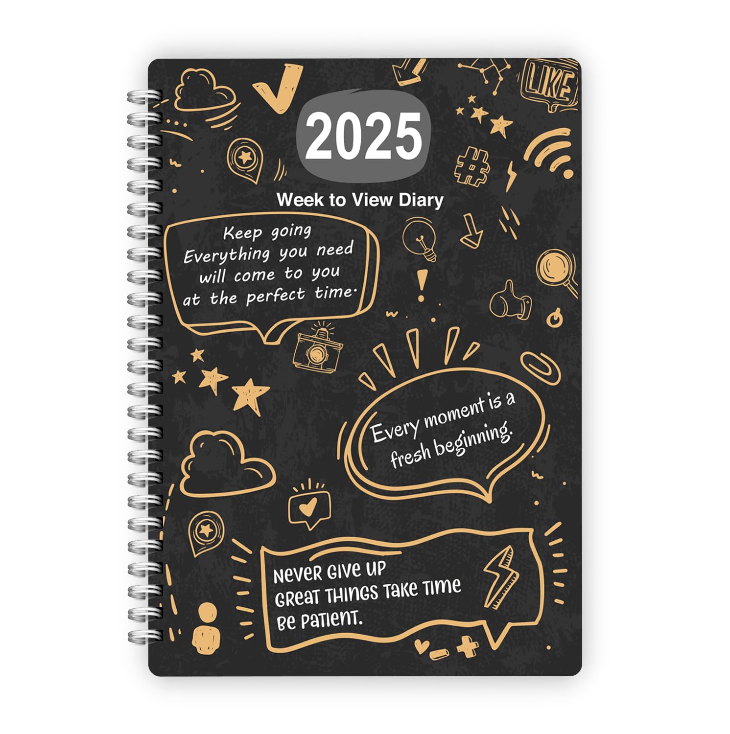 Arpan 2025 Week to View Diary, Stunning Slogan Art A5 Weekly, Monthly Planner Hardback Cover - Black