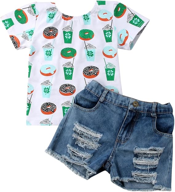 Amazon Sylvamorning ドーナツ 飲料 ジーンズ 子供服 女の子ｔシャツ ショーツ 2点セット 上下セット セットアップ キッズ服 トップス パンツ 女の子服 ショートパンツ 春夏 半袖 プレゼント 通学 旅行 海遊び Tシャツ カットソー 通販