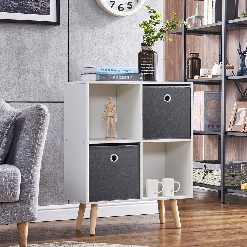 Redd Royal 4 Cubes Bookcase Bookshelf Display Cabinet, White Storage Cupboard Organizer with 2 Fabric Drawers and Wood Legs