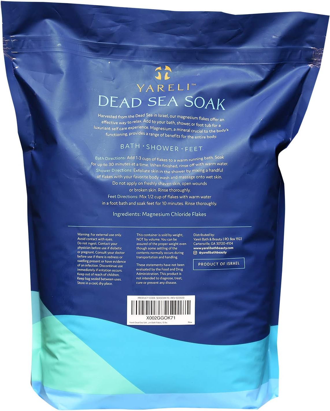 Yareli Dead Sea Bath & Foot Soak, Unscented Magnesium Bath Salt Flakes, Stronger Alternative to Epsom Salt 15lbs: Health & Personal Care