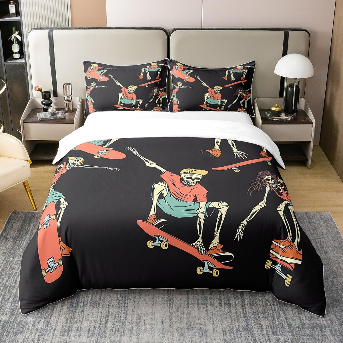 100% Cotton Skateboard Comforter Cover Sugar Skull Duvet Cover Hip Hop Style Bedding for Kids Boys Skateboarding Actions Hippie Quilt Cover with 2 Pillow Cases Double Orange Black Child Room Decor
