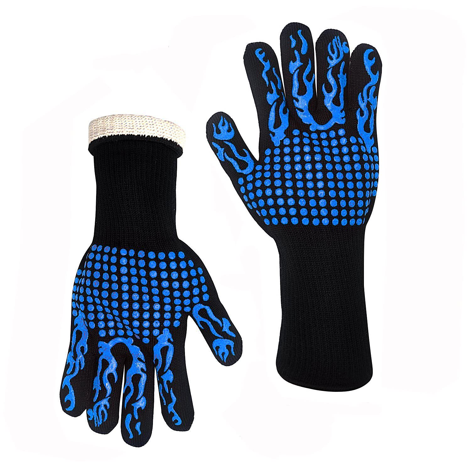 Lichi 2 Pcs BBQ Mitts, Heat Resistant High Temperature 800℃/1472℉ Flame Retardant Fireproof Barbecue Heat Insulation Silicone Microwave Oven Gloves - Blue