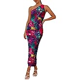 PRETTYGARDEN Women's One Shoulder Bodycon Dresses Summer 2026 Ruched Floral Beach Cocktail Wedding Guest Dress