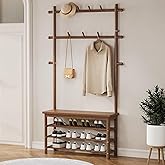Welfuturer Bamboo Hall Tree with 13 Hook, 6-in-1 Entryway Bench with Coat Rack Freestanding, Coat Rack with Shoe Storage Benc