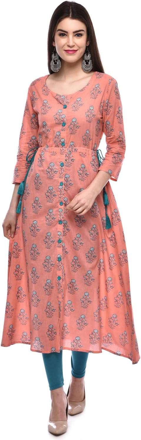 GLAM ROOTS Women's A-Line Cotton Kurta (PEACH)