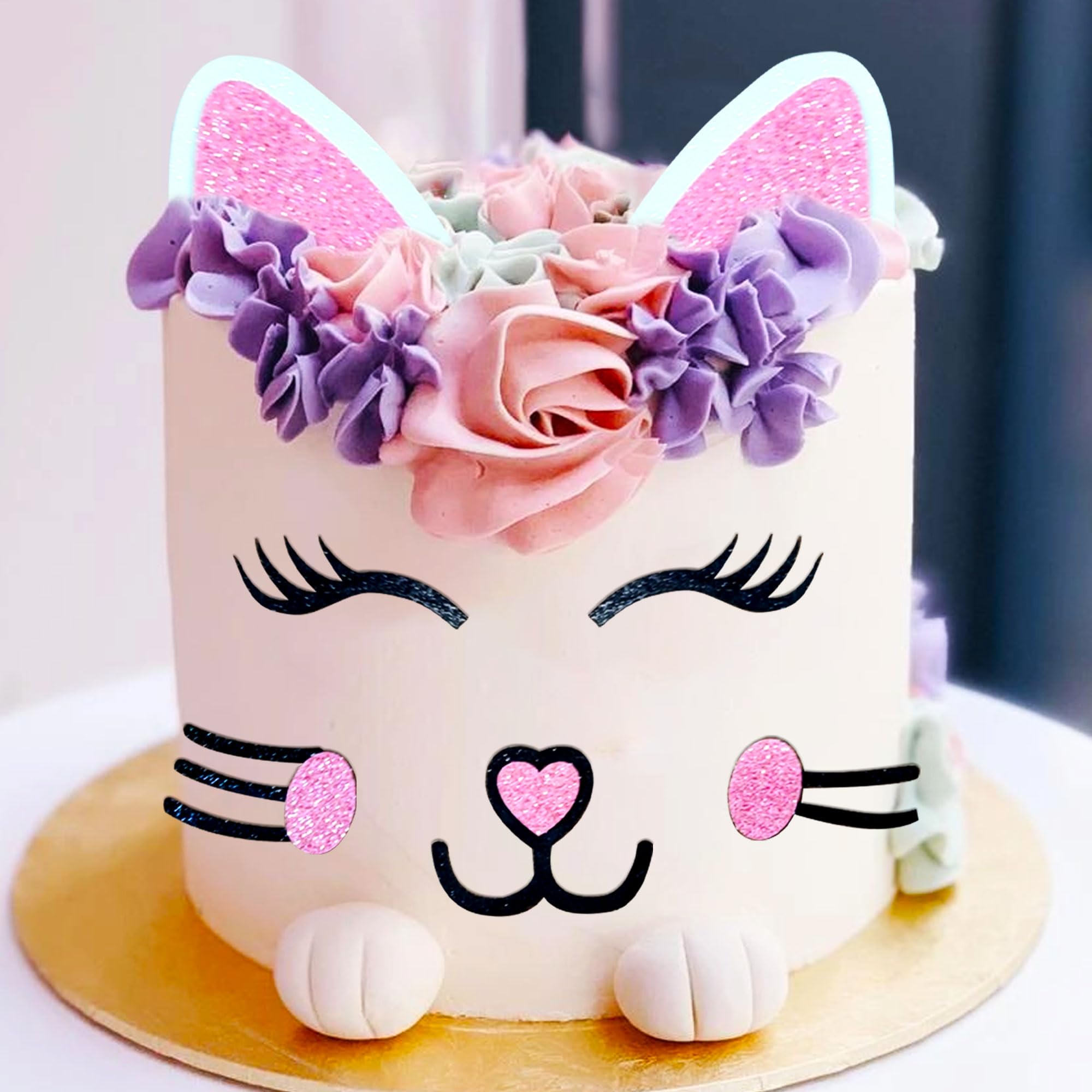 Photo 1 of JeVenis Cat Cake Topper Cat Ears Eyelashes Cake Set Cake Decorations for Cat Themed Birthday Party Cute Meow Birthday Party Boy Girl Baby Shower Party Decoration