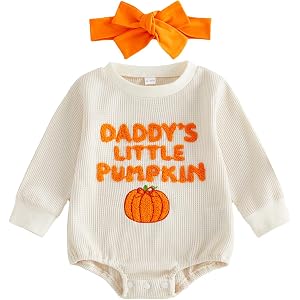 Yuufuniy My First Halloween Baby Girl Outfit Pumpkin Waffle Romper Fall Set | Daddy's Little Pumpkin Embroidery Bubble Jumpsu