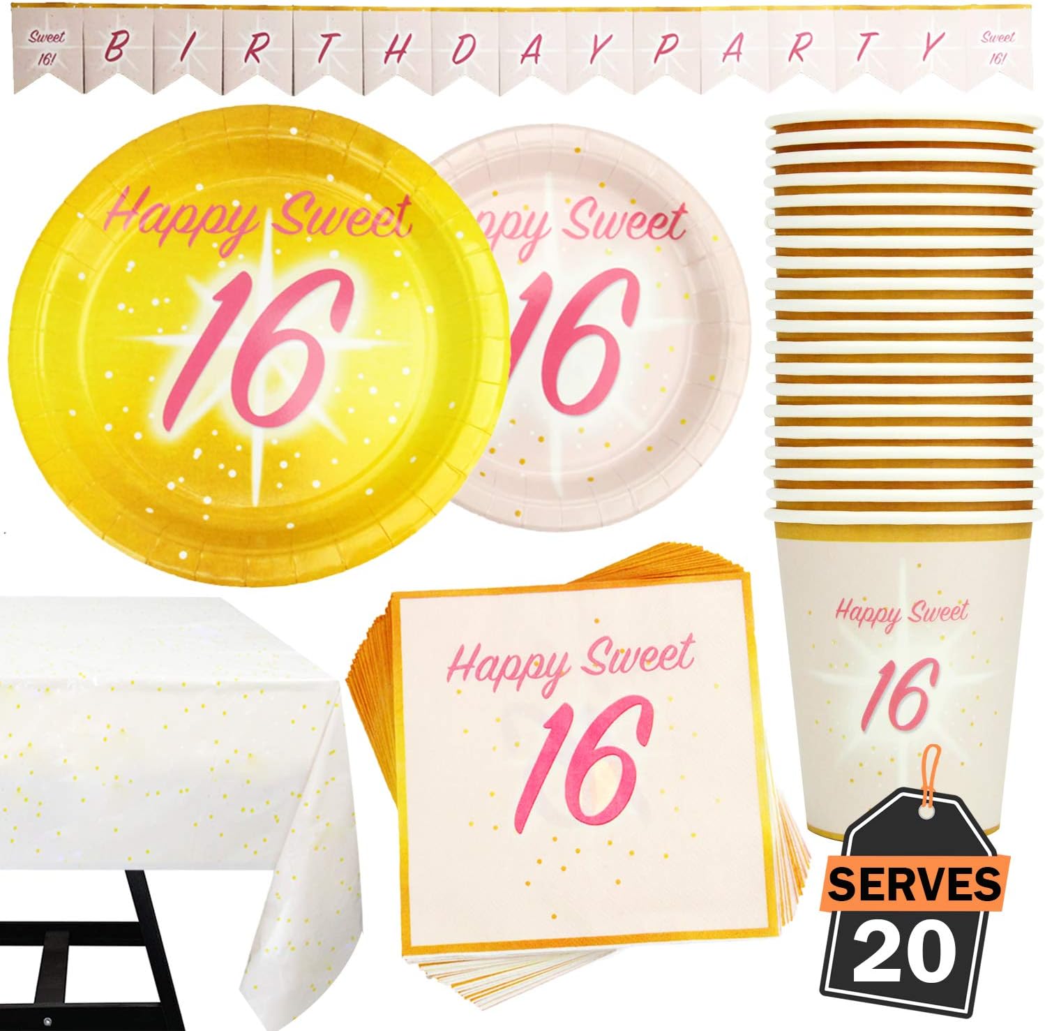 82 Piece Sweet 16 Party Supplies Set Including Banner, Plates, Cups, Napkins, and Tablecloth, Serves 20