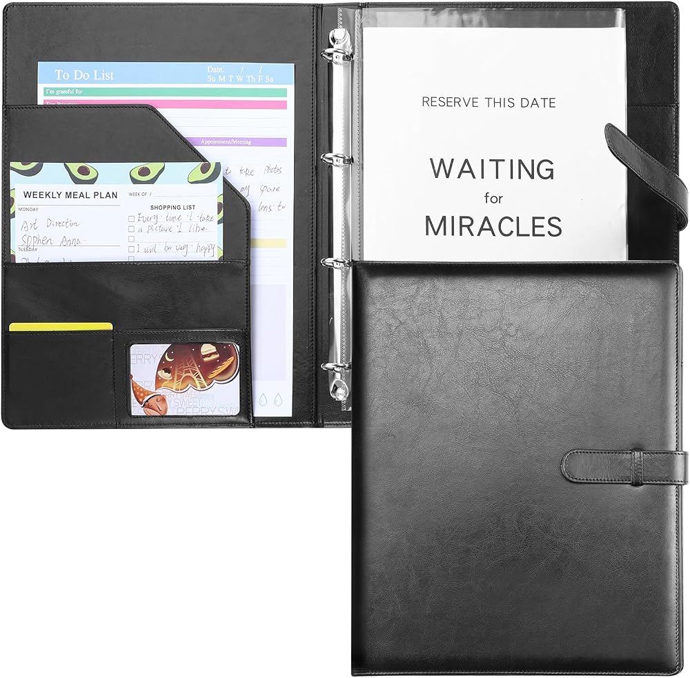Thboxes A4 Portfolio Folder with Ring Binder 45 Pockets Faux Leather Black