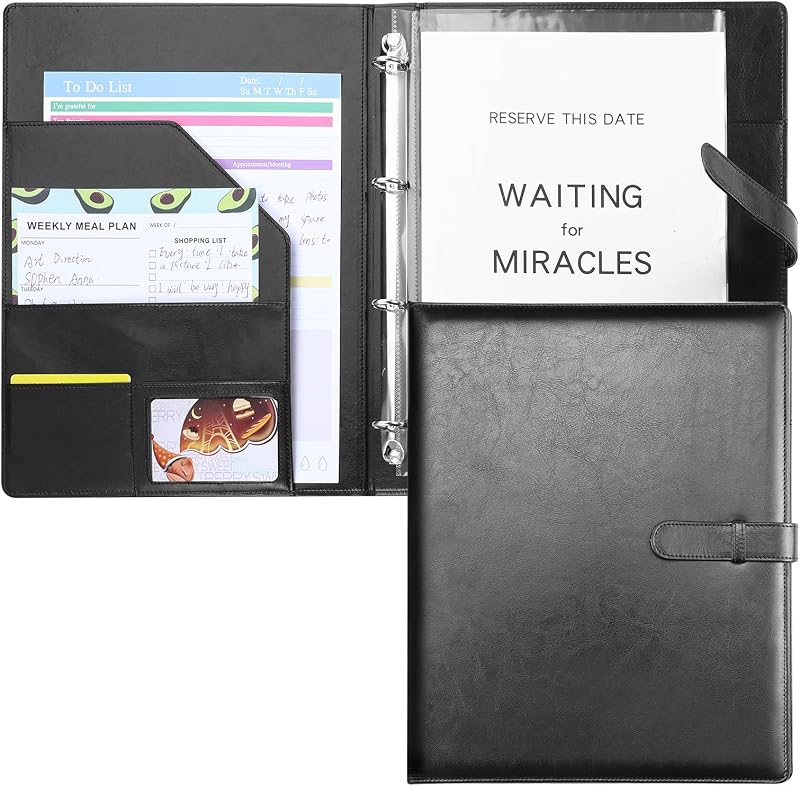 Thboxes A4 Portfolio Folder with Ring Binder 45 Pockets Faux Leather Black