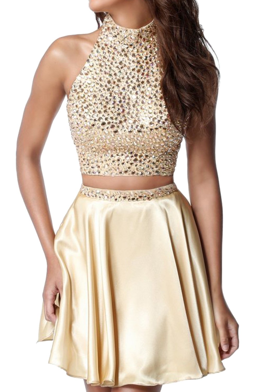 MARSEN Women's High Neck Bead Two Piece Prom Dress Short Satin