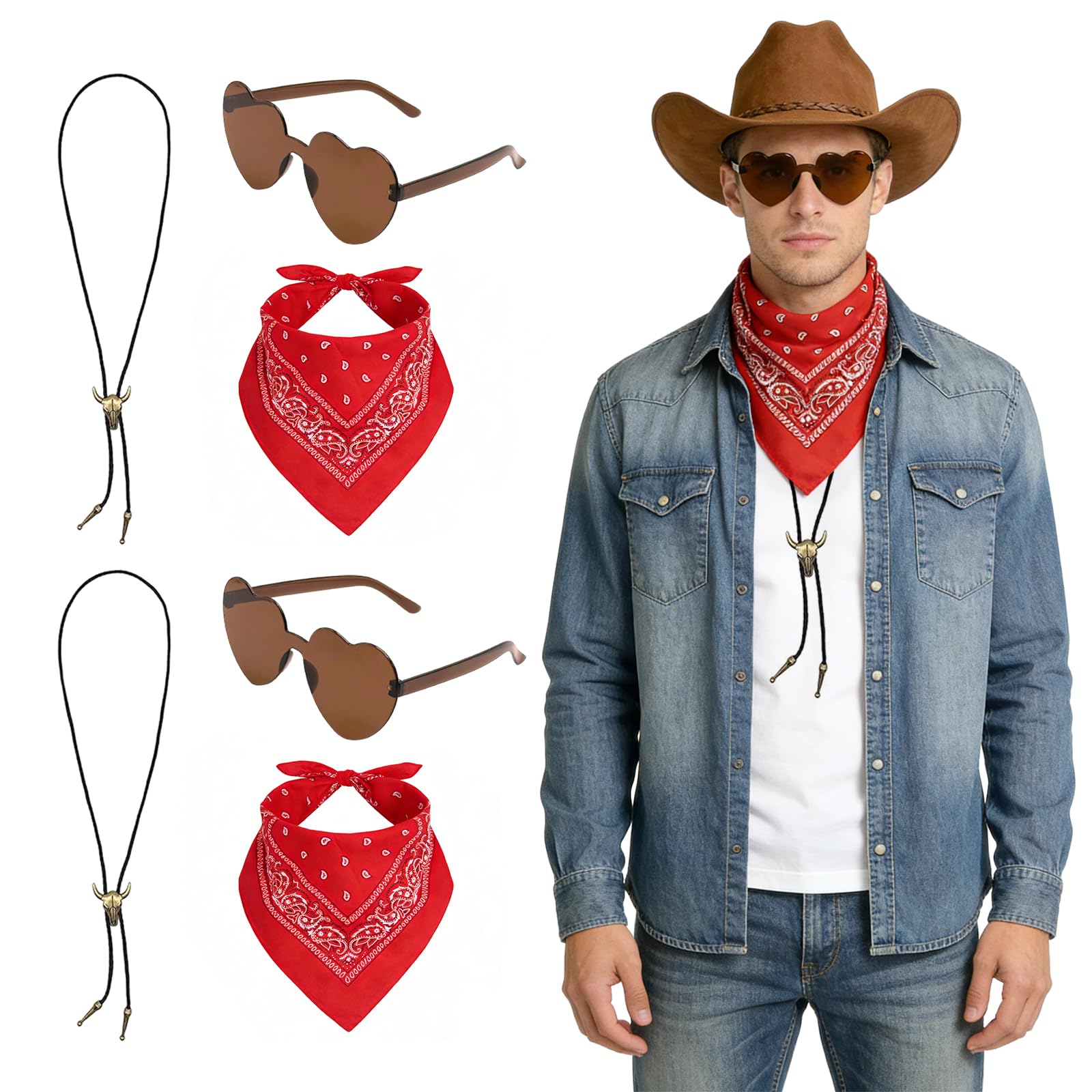 GYIOFAI 6 Pcs Western Cowboy Fancy Dress Accessories Set, With Paisley Bandanna, Heart Glasses, Bull Head Necklace, Texas Texan Costume Accessories, for Halloween, Carnival, Wild West Party (Brown)