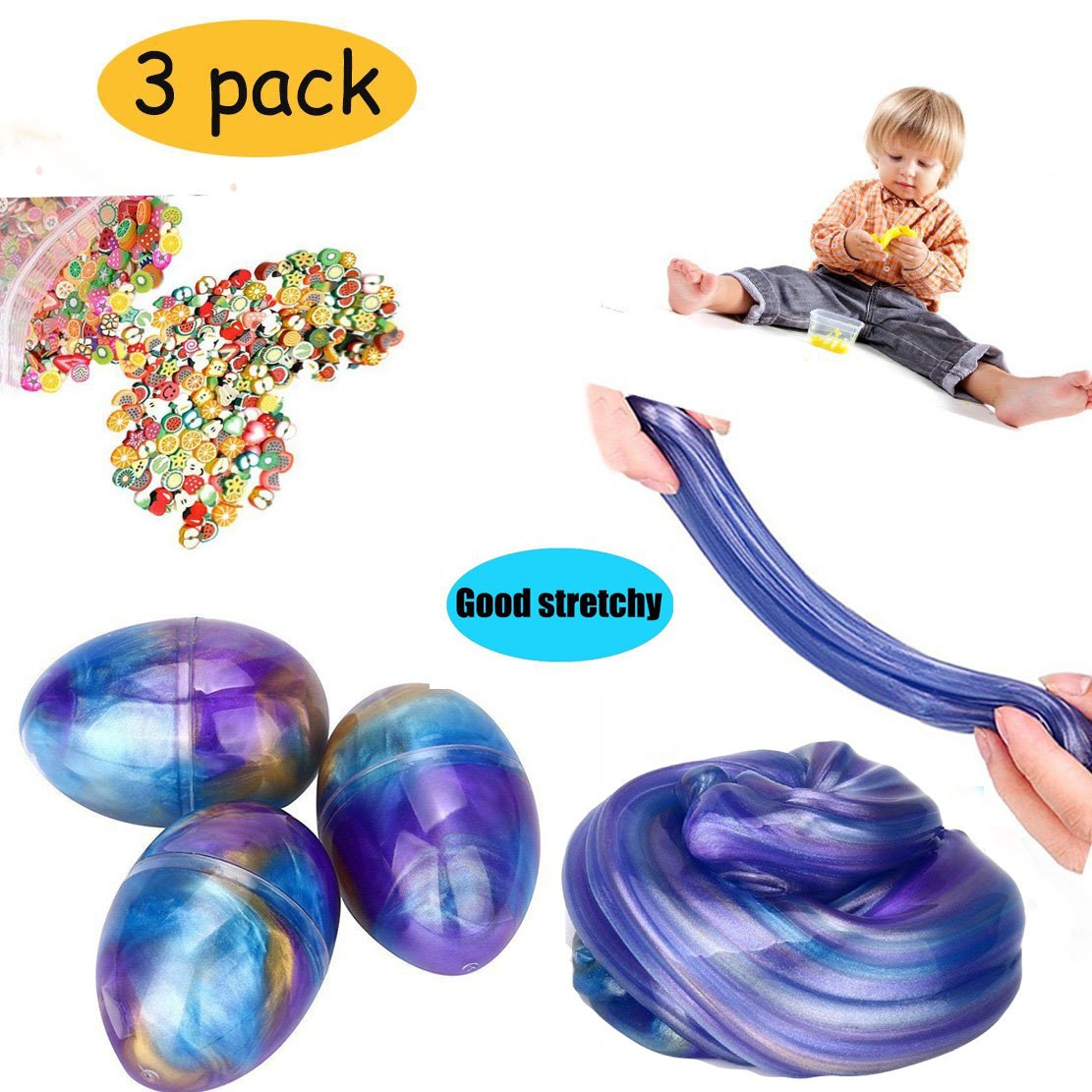 CETIM Galaxy Fluffy Slime, 7 OZ 3 Pack Colorful Soft Egg Slime Putty with Fruit Slices Stress Relief DIY Toy for Kids And Adults, Perfect Gift Idea for Mother\'s Day (galaxy slime)
