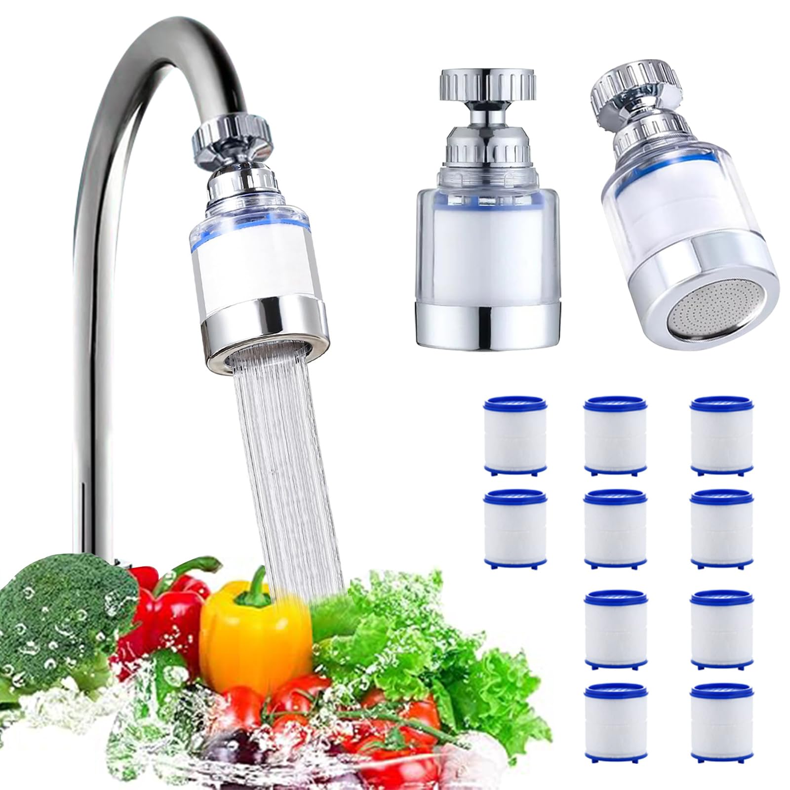 KASESS 2 Pcs Water Faucet Filters + 10 Cartridges, 360 Degree Rotating Tap Filter, Hard Water Filter for Home Shower and Bathroom