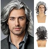 Sallcks Mens Grey Wig Synthetic Mixed Grey Layered Wavy Cosplay Party Wigs