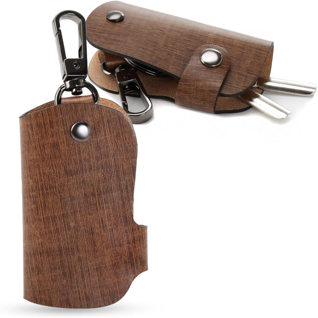 Onepi Premium Embossed Geniune Leather with Textured Wood Pattern Key Holder Bag Keychain Wallet Cover Key Ring Car Key Holder