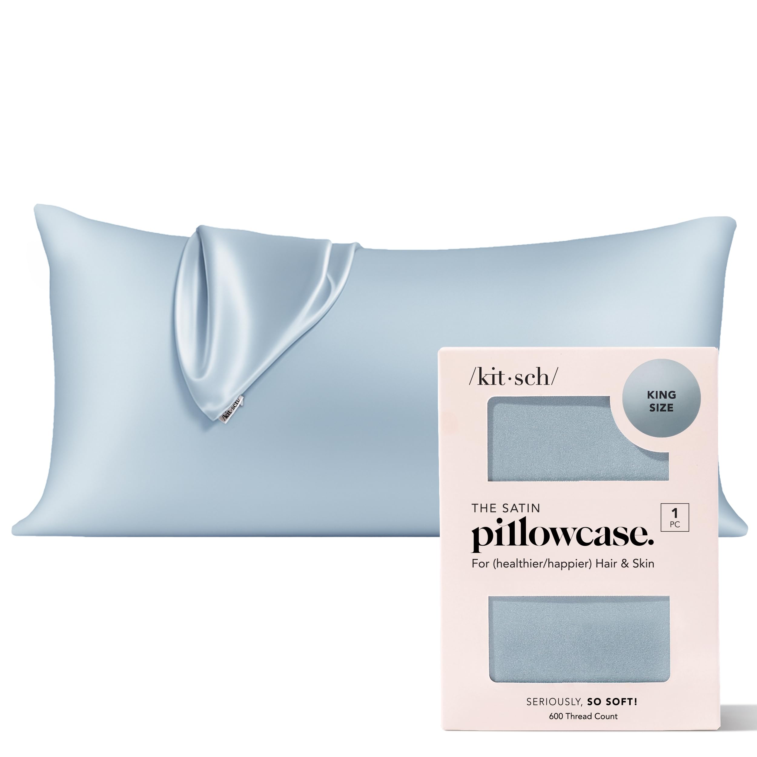 Kitsch Satin Pillowcase King Size, Softer Than Mulberry Silk Pillowcase for Hair and Skin, Breathable Smooth Cooling Pillow Covers 19x36 Inches with Zipper, Gifts for Women Mom Men, Haze Blue, 1 Pack
