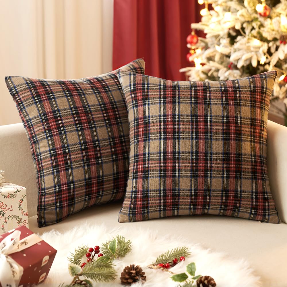 Photo 1 of **1 PC**EMEMA Christmas Khaki Tartan Plaid Throw Pillow Covers 20x20 Inch Decorative Scottish Farmhouse Retro Classic Square Cushion Cases for Decor Sofa Couch Winter Holiday Set of 2