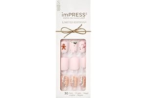 KISS imPRESS Limited Edition Holiday Press-On Manicure with PureFit Technology, Short Length, Square Shaped, Pink Press-On Nails, Style 'Dear Santa’
