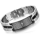 Flongo Men's Vintage Stainless Steel Black Cross English Bible Lords Prayer Link Wrist Bracelet For Men Christmas Gifts