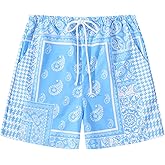 Wlizszu Men's Summer Paisley Shorts Graphic Bandana Print Boho Beach Lightweight Drawstring Shorts with Pockets