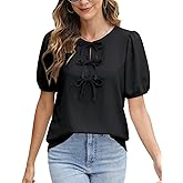 CiCiBird Womens Dressy Casual Shirt Summer Work Blouses Tie Front Puff Short Sleeve Tops