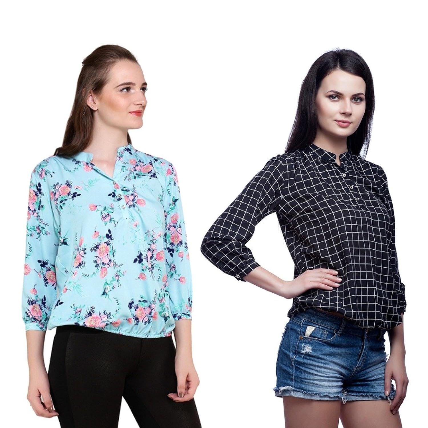 mallory winston light blue floral & black checkerd women's balloon top