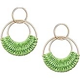 SELFWIMG Raffia Hoop Earrings for Women Fun Boho Summer Beach Earrings Lightweight Handmade Straw Wicker Rattan Dangle Earrings Statement Geometric Round Drop Earrings