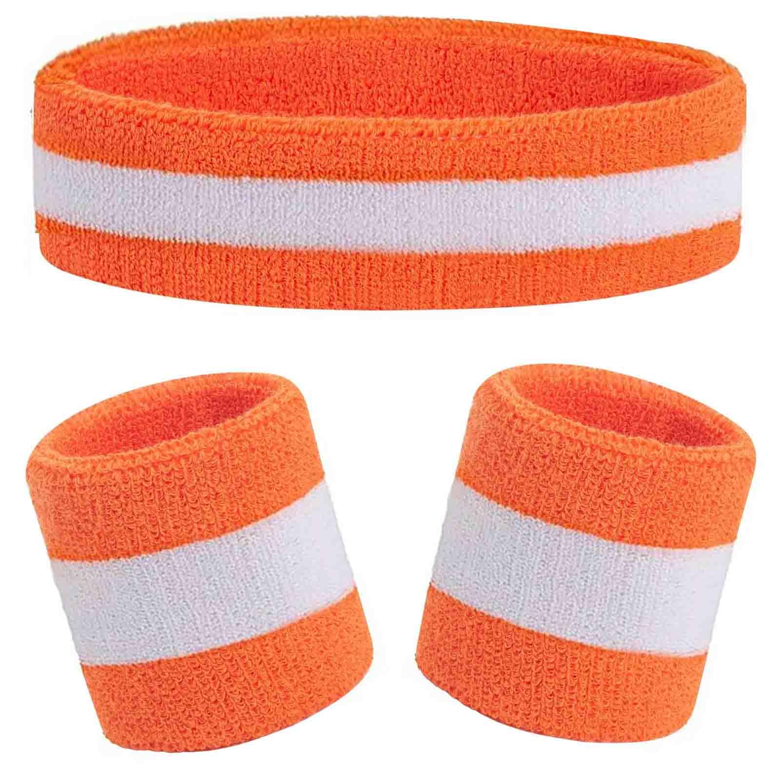 Kids Sweatbands Headband Wristband Set - Athletic Cotton Sweat Band for Sports - Ultimate Sweat-Absorbing 3-piece Set (1 Headband + 2 Wristbands) (Orange+White)