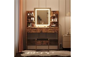 Garvee Vanity Desk Set with Lighted Mirror, Makeup Table with Power Outlet & 2 Storage Drawers, 3 Color Lighting Modes, Cushi