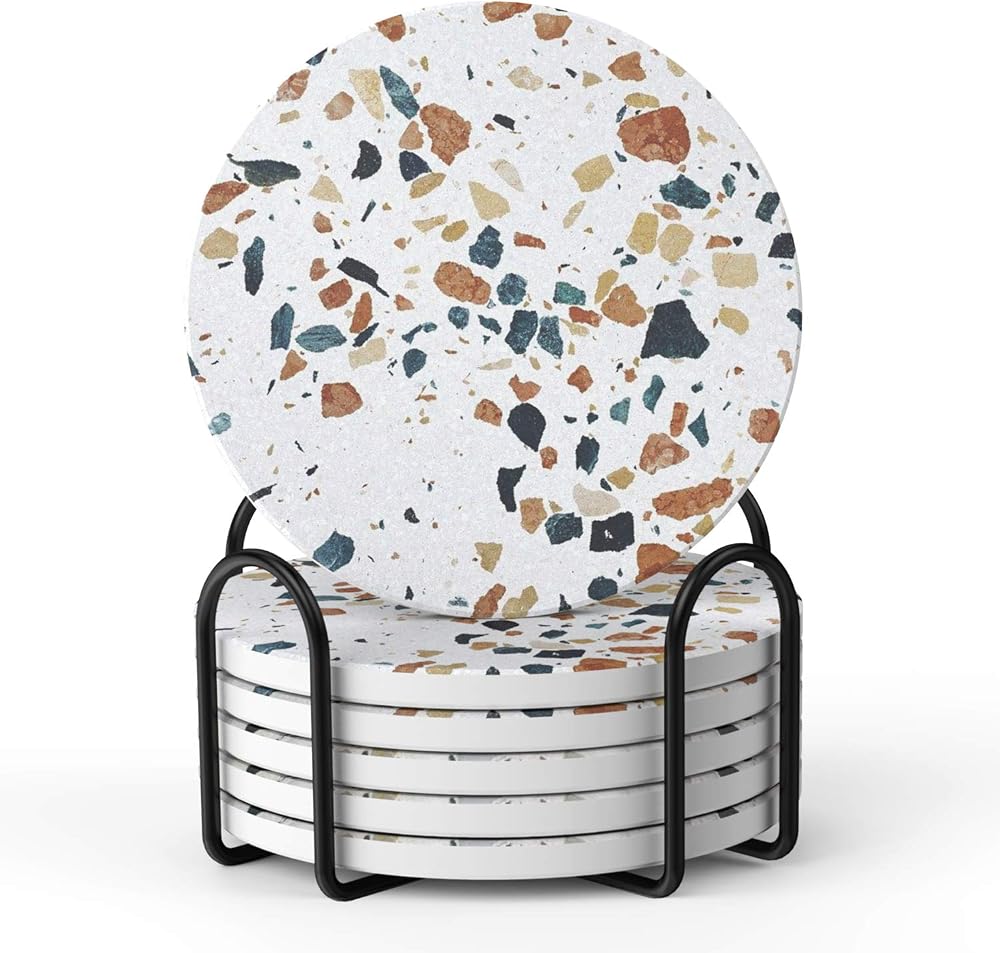 LIFVER Terrazzo Coasters with Holder Set 6 Absorbent Cork Back 4 in