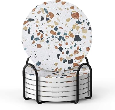 LIFVER Terrazzo Coasters with Holder Set 6 Absorbent Cork Back 4 in