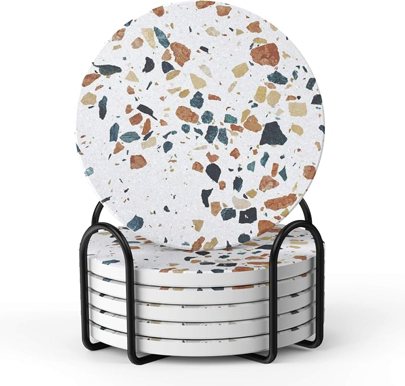 LIFVER Terrazzo Coasters with Holder Set 6 Absorbent Cork Back 4 in