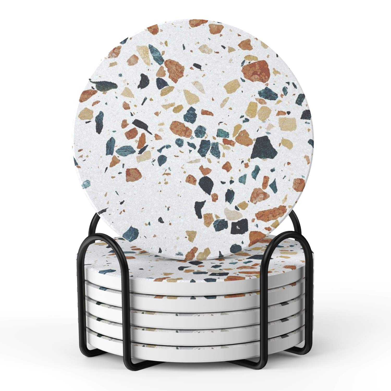 LIFVER Coasters for Drinks, Terrazzo Absorbent Drink Coasters with Holder, Housewarming Hostess Gifts for New Home, Man Cave House Warming Presents Decor, Living Room Decor, 4 inches, Set of 6