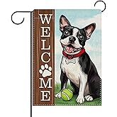 Dyrenson Welcome Boston Terrier Dog Decorative Garden Flag, Spring Summer Paw Prints Tennis Yard Outside Home Decorations Pet Lover Gift, Farmhouse Burlap Outdoor Small Decor Double Sided 12 x 18