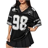 Milumia Women's Number Graphic V Neck Short Sleeve Mesh Jersey T Shirt Y2k Drop Shoulder Oversize Tee Tops