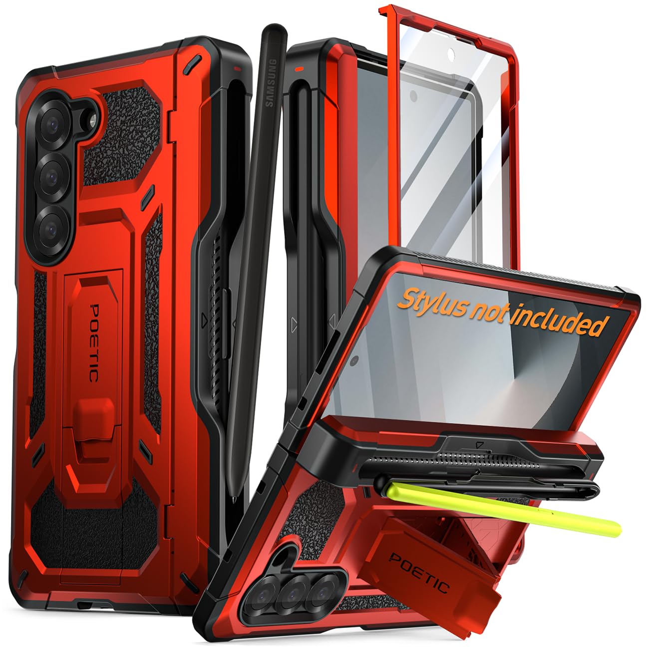 Poetic Spartan Case for Galaxy Z Fold 6, [Hinge Protection][Kickstand][Compatible with Fold 3/4/5/6 S Pen] Full-Body Protective Rugged Cover with Pencil Holder, Screen Protector, Metallic Red