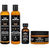 Live Bearded Complete Beard Grooming Kit - Wash, Conditioner, Butter and Oil - Made in the USA with All-Natural Ingredients - Mens Groom Set | 1880 Scent - Bourbon, Bitters, Citrus