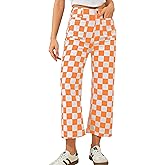Odefou Cropped Jeans for Women Checkered Pants Casual High Waisted Stretchy Straight Leg Trousers with Pockets