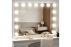 Gvnkvn 22.8 x 18.2 Vanity Makeup Mirror with Lights, 10X Magnification,Large Hollywood Lighted Vanity Mirror with 15 Dimmable LED Bulbs, USB Charger Port, Tabletop or Wall-Mounted White