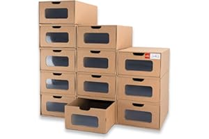 WALL QMER Shoe Boxes Cardboard, 12 Pack, Big Size, Waterproof, Heavy Duty, Stackable Shoe Storage Boxes, with Marking Labels, Transparent Window, 13.8" L x 9.3" W x 5.3" H